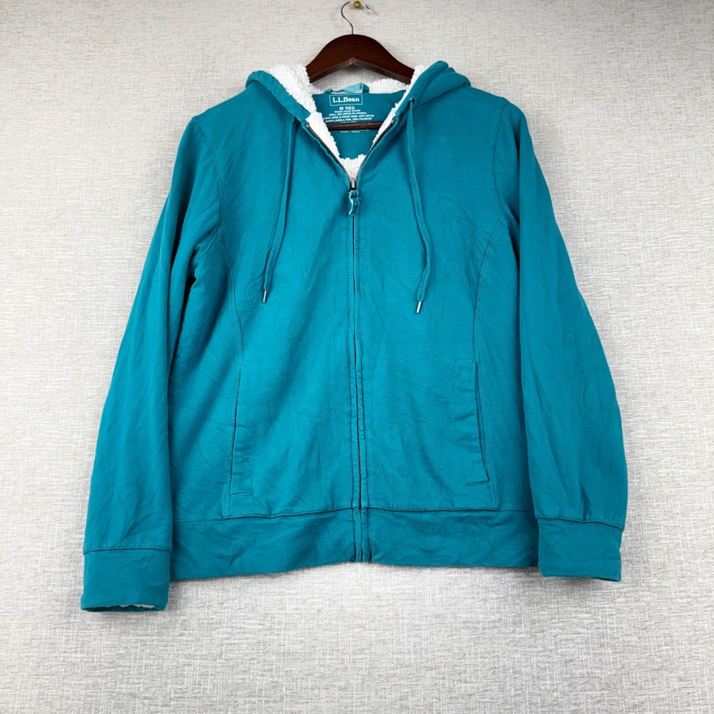LL Bean Womens Medium Teal Sherpa Lined Hood Full Zip Hoodie Jacket